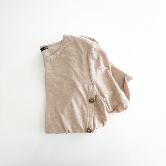 Doe and Rae Dress T-Shirt Knit Beige Belted Button Detail Women's S Stretchy - Picture 9 of 9